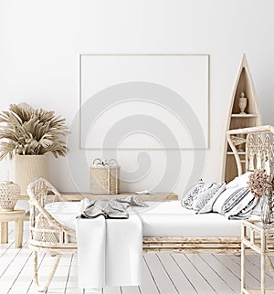 Mock-up poster,wall in bedroom, Scandinavian style