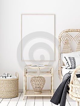 Mock-up poster,wall in bedroom, Scandinavian style