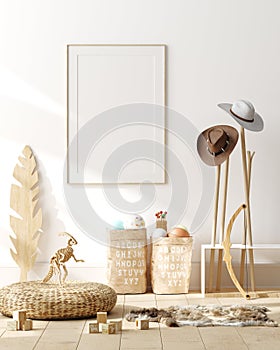 Mock up poster, wall in children bedroom interior background, Scandinavian style