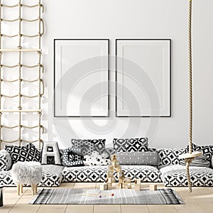 Mock up poster, wall in children bedroom interior background, Scandinavian style