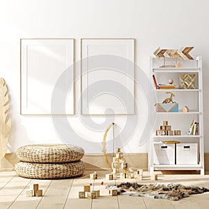 Mock up poster, wall in children bedroom interior background, Scandinavian style photo