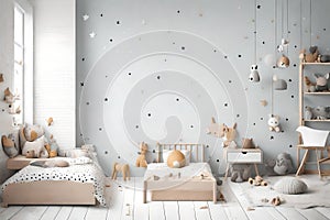 Mock up poster, wall in children bedroom interior background, Scandinavian style Generated Ai