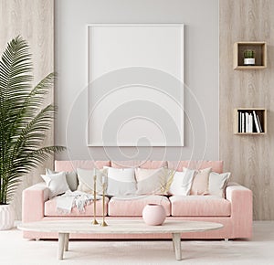 Mock up poster in warm home interior background, springtime