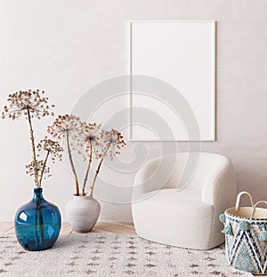 Mock up poster in warm modern style, living room interior with neutral beige colors and trendy home decor