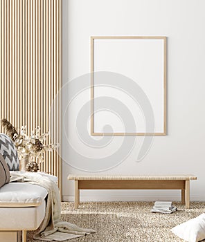 Mock up poster in warm Scandinavian style living room interior with wooden decor