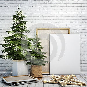 Mock up poster on the white brick wall with christamas decoration, background