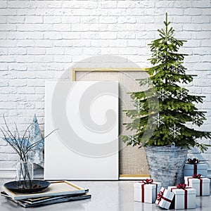 Mock up poster on the white brick wall with christamas decoration, background