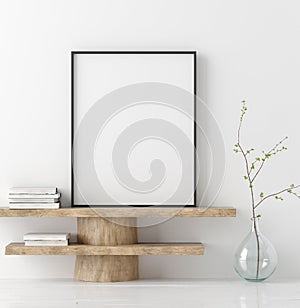 Mock up poster on wooden bench with branch in vase photo