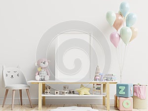 Mock up posters in child room interior, posters on empty white wall background