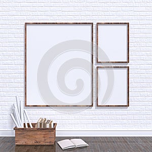 Mock up posters frames in art atelier with wooden bow full of old books, 3D