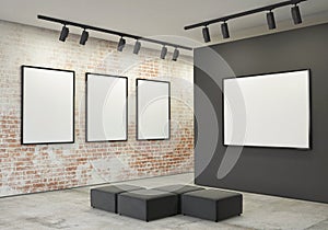 Mock up posters frames and canvas in gallery interior background,