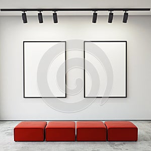 Mock up posters frames and canvas in gallery interior background,