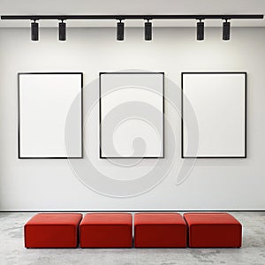 Mock up posters frames and canvas in gallery interior background,