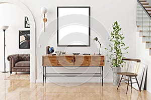 Mock up posters frames and canvas in vintage hipster loft interior background, 3D render