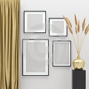 Mock up posters frames in interior background with golden decor elements