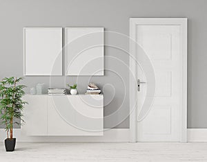 Mock-up posters in home interior with chest of drawers and plant near door