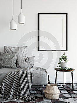 Mock up posters in living room interior. Interior scandinavian style. 3d rendering, 3d illustration