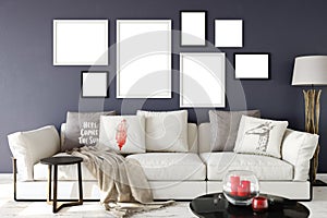Mock up posters in living room interior. Interior scandinavian style. 3d rendering, 3d illustration
