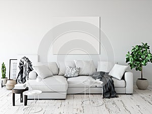 Mock up posters in living room interior. Interior scandinavian style. 3d rendering, 3d illustration