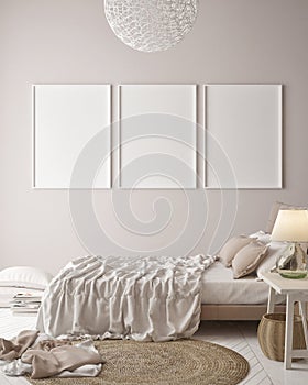 Mock up posters on minimalism pastel wall , hipster bedroom