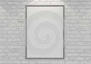 Mock up posters on white brick wall with lamp. 3d illustration