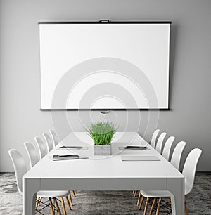 Mock up projection screen in meeting room with conference table, hipster interior background,