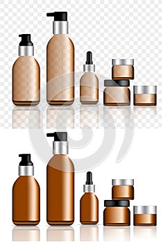 Mock up Realistic Amber and Black Cosmetic, oil, soap, lotion Bottles And Dropper Set on White and Transparent Background