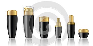 Mock up Realistic Black Cosmetic Soap, Shampoo, Cream, Perfume and Dropper Bottles Product Set With Gold Cap Background