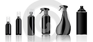 Mock up Realistic Black Plastic Spray Packaging Product For Cleaner or Toiletries Bottle Set isolated on White Background.