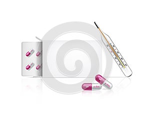 Mock up Realistic On Diet Capsule Pill Medicine on White Background with Box Packaging and Thermometer for fever check. Hospital