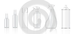 Mock up Realistic Glass or Plastic Spray Packaging Product For Glass Cleaner or Toiletries Bottle Set isolated on White Background