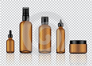 Mock up Realistic Glossy Amber Transparent Glass Cosmetic Soap, Shampoo, Cream, Oil Dropper and Spray Bottles Set With Black Cap f photo