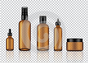 Mock up Realistic Glossy Amber Transparent Glass Cosmetic Soap, Shampoo, Cream, Oil Dropper and Spray Bottles Set With Black Cap f