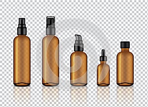 Mock up Realistic Glossy Amber Transparent Glass Cosmetic Soap, Shampoo, Cream, Oil Dropper and Spray Bottles Set With Black Cap f