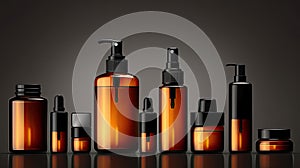 Mock up Realistic Glossy Amber Transparent Glass Cosmetic Soap, Shampoo, Cream, Oil Dropper and Spray Bottles Set With Black Cap