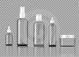 Mock up Realistic Glossy Transparent Glass Cosmetic Soap, Shampoo, Cream, Oil Dropper and Spray Bottles Set With White Cap