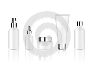 Mock up Realistic Glossy White Cosmetic Soap, Shampoo, Cream and Oil Dropper Bottles Set with Metallic Cap for Skincare Product Ba