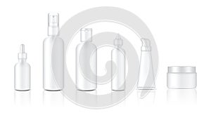 Mock up Realistic Glossy White Cosmetic Soap, Shampoo, Cream, Oil Dropper and Spray Bottles Set for Skincare Product Background