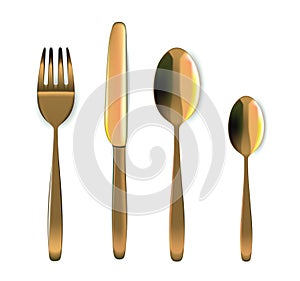 Mock up Realistic Gold Spoon, Fork And Knife on Dining Table for food isolated on white Background vector