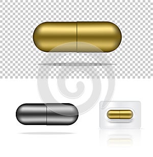 Mock up Realistic Pill Medicine Gold and Silver Capsule Panel on White Background Vector Illustration. Tablets Medical and Health