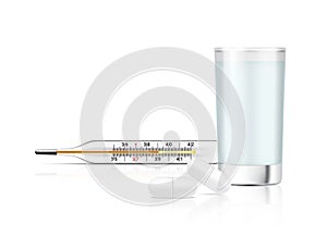 Mock up Realistic Pills Medicine on White Background with Water Glass and Thermometer for fever check. Hospital Tool design Vector