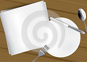 Mock up Realistic Plate or Dish, Metal Spoon, Fork and Knife on Dining Table for food with White Paper and Wood Background