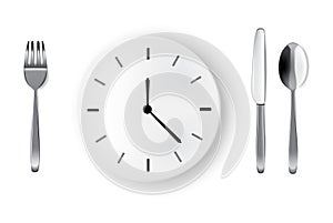 Mock up Realistic Time To Eat With Clock, White Plate or Dish, Metal Spoon Fork and Knife on Dining Table for food isolated