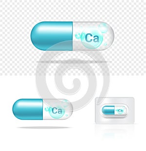 Mock up Realistic Transparent Pill Calcium Medicine Capsule Panel on White Background Vector Illustration. Tablets Medical and