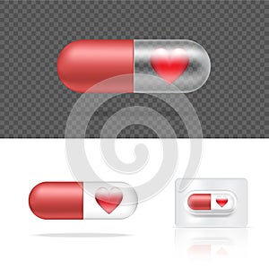 Mock up Realistic Transparent Pill Medicine Capsule Panel With Heart on White Background Vector Illustration. Tablets Medical