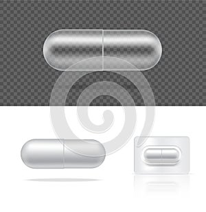 Mock up Realistic Transparent Pill Medicine Capsule Panel on White Background Vector Illustration. Tablets Medical and Health