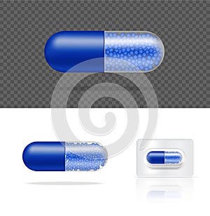 Mock up Realistic Transparent Pill Medicine Capsule Panel on White Background Vector Illustration. Tablets Medical and Health