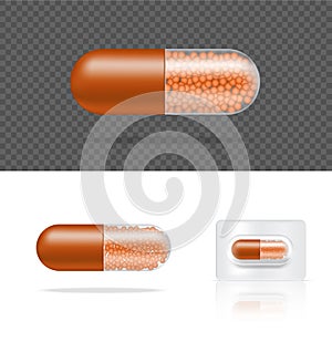 Mock up Realistic Transparent Pill Medicine Capsule Panel on White Background Vector Illustration. Tablets Medical and Health