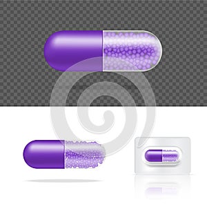 Mock up Realistic Transparent Pill Medicine Capsule Panel on White Background Vector Illustration. Tablets Medical and Health