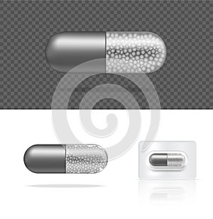 Mock up Realistic Transparent Pill Medicine Capsule Panel on White Background Vector Illustration. Tablets Medical and Health